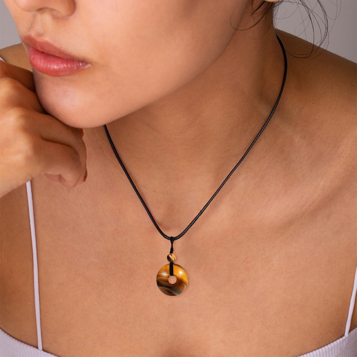 DVEATR Turquoise/Azurite/Tiger's Eye/Malachite/Moonstone Necklace for Women, Bare Stone Pendant Necklace Jewelry Gift, with 45.72 + 5.08cm Leather Cord Chain