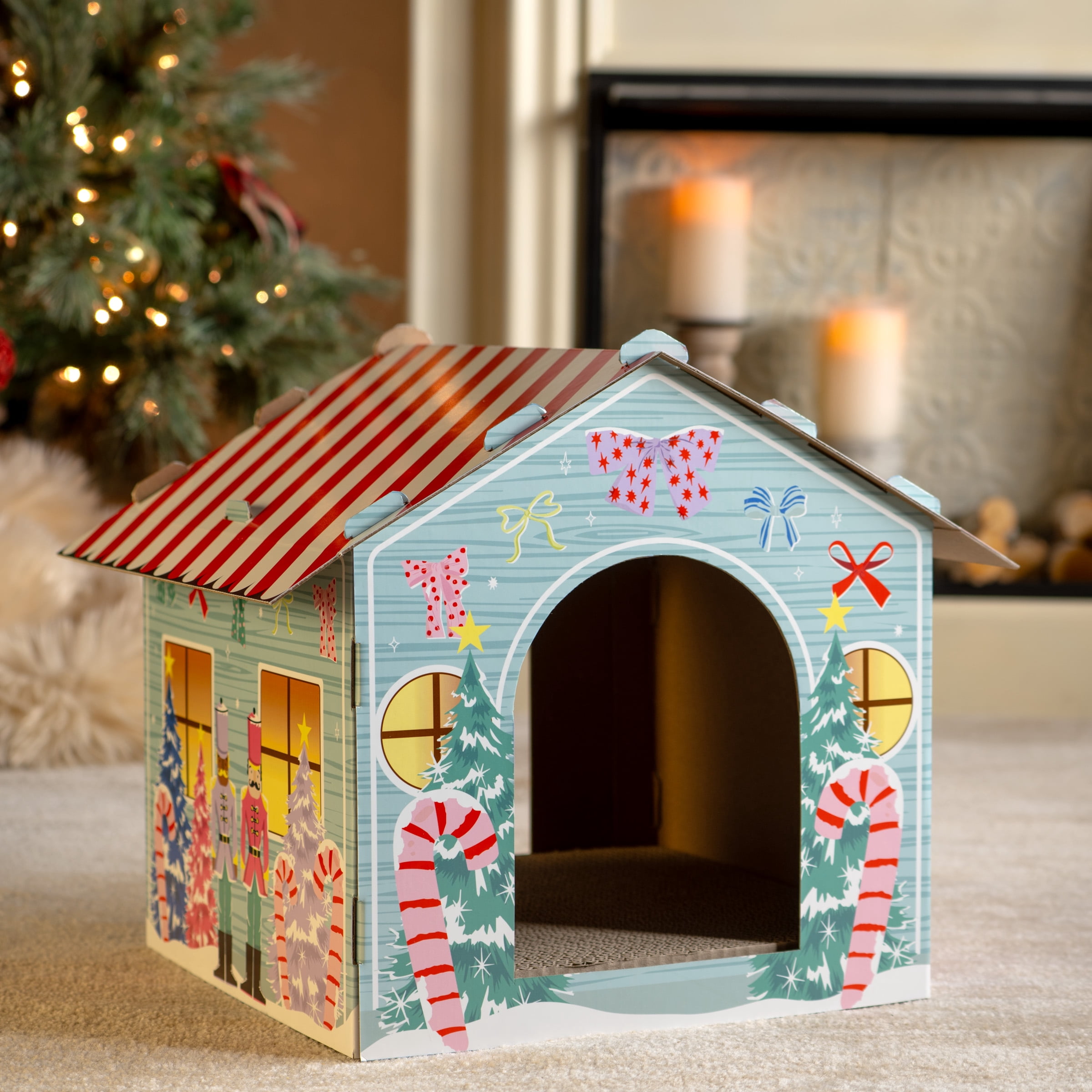 Kitty City Christmas Winter Wonderland Cardboard Cat House with Corrugate Scratching Pad, Multicolored, One Size