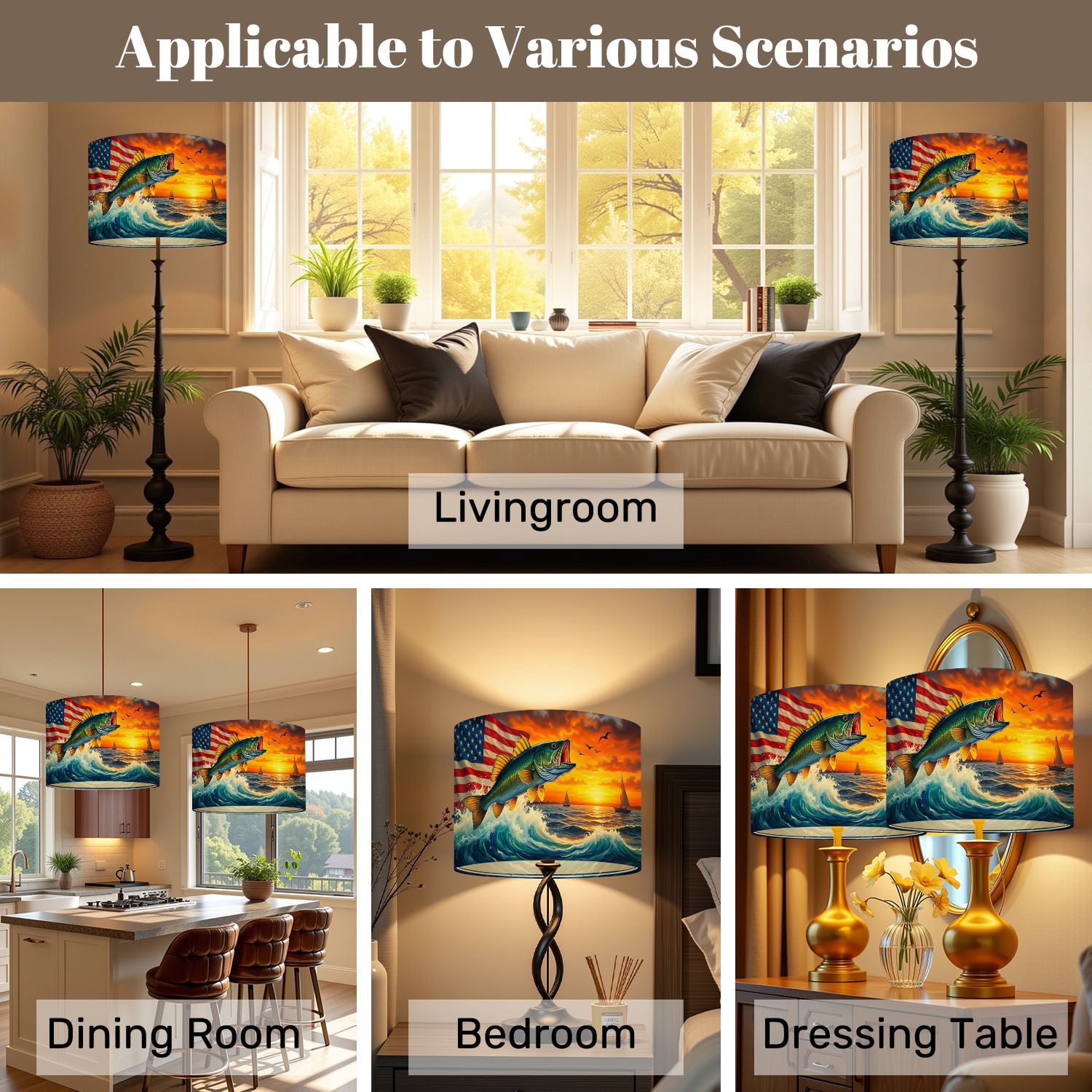 Lamp Shades Set of 2 Bass Fish Jumping American Flag Sunset Independence Day 13" x 13" x 10" Lampshade for Table Lamps Floor Lamps Lamp Shade Replacement Easy Assembly Required