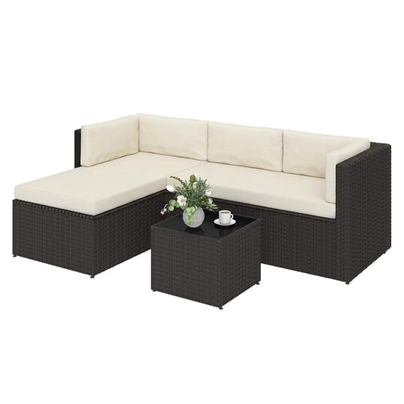3 Piece Patio Furniture Set, Wicker Outdoor Conversation Set with Cushions & Glass Table, Beige Rattan