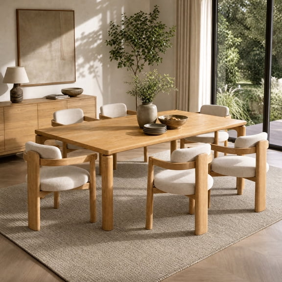 Christopher Knight Home 7-Piece Modern Wood Dining Table with 6 Upholstered Chairs Set, Natural Beige