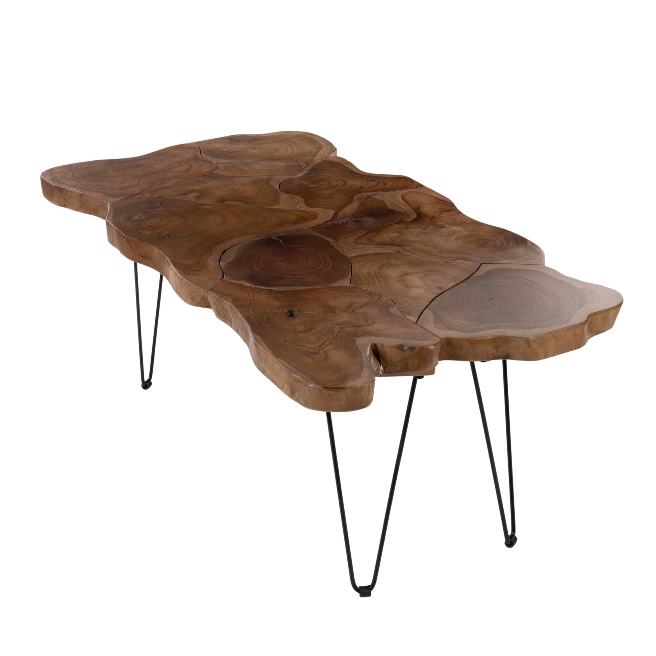 DecMode 43" x 19" Brown Teak Wood Handmade Live Edge Coffee Table with Black Hairpin Legs, 1-Piece