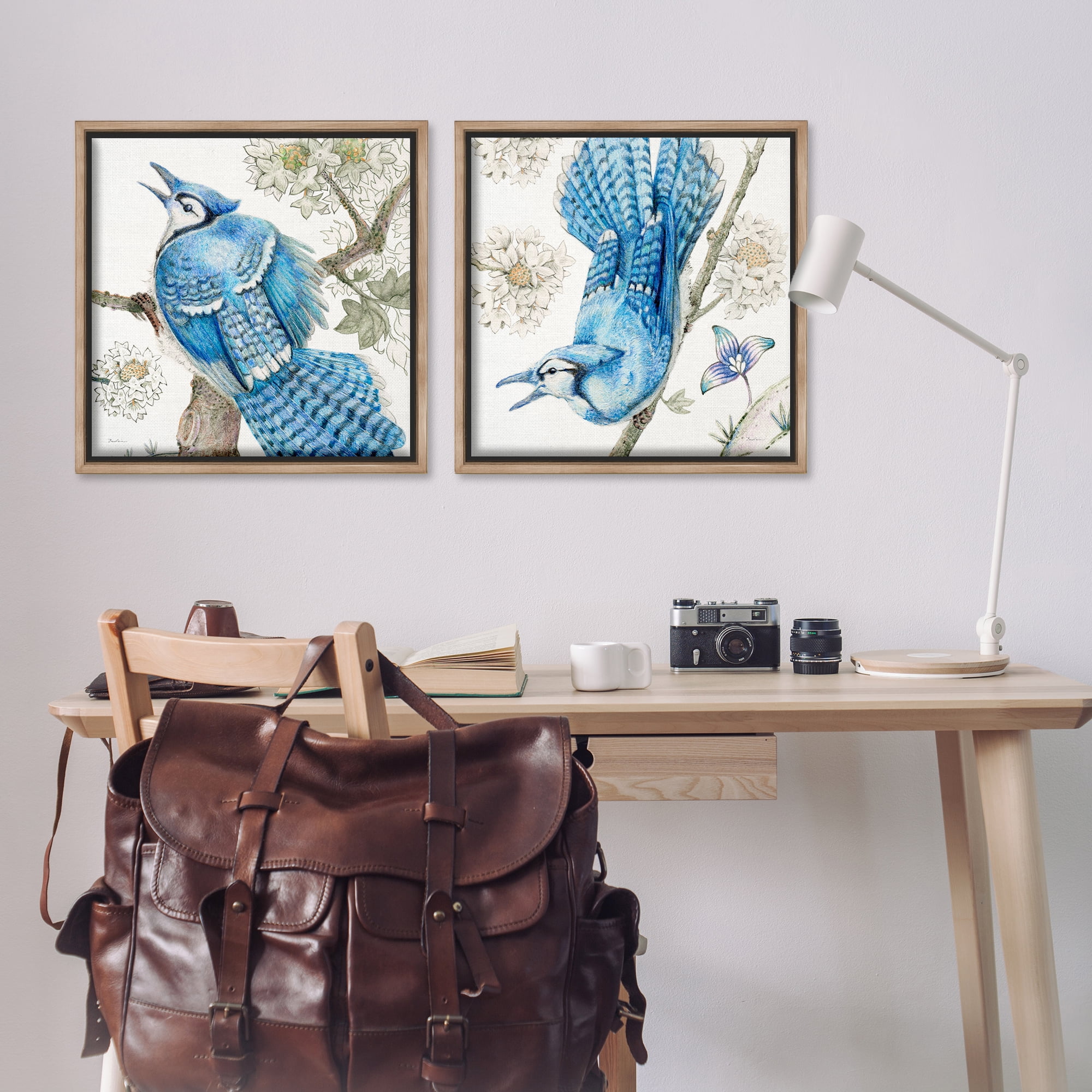 Stupell Industries Blue Jays with White Blossoms Animals Painting Brown Floater Framed Canvas Art Print Wall Art, 25 x 25, Set of 2