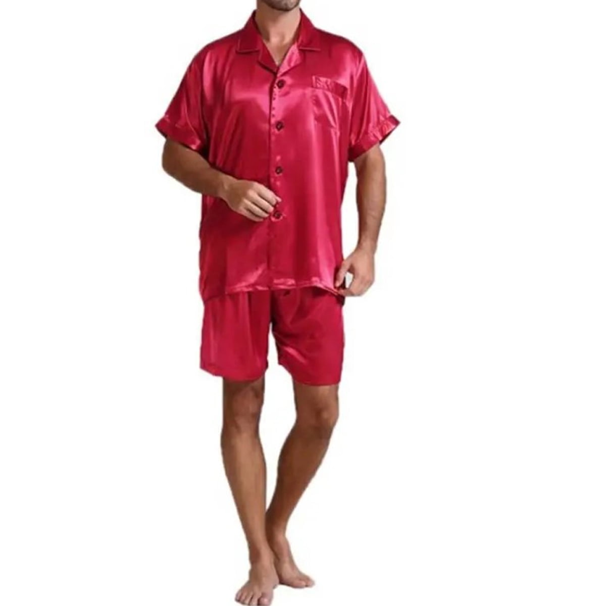 Irevial Men Pjs Satin Silk Pajama Set Short Sleeve Loungewear Nightwear Sleepwear Top & Bottoms Outfits 