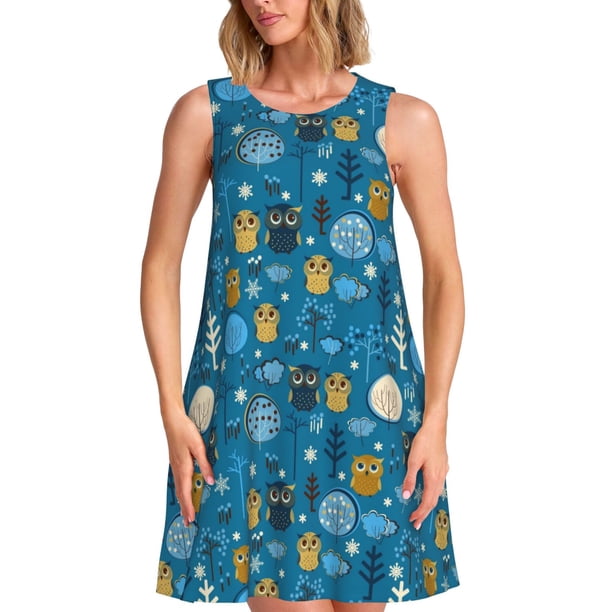 Balery Owls And Trees Vestidos de verano para mujer con estampado: vestido holgado sin mangas, vestido playero informal y cómodo para días calurosos.