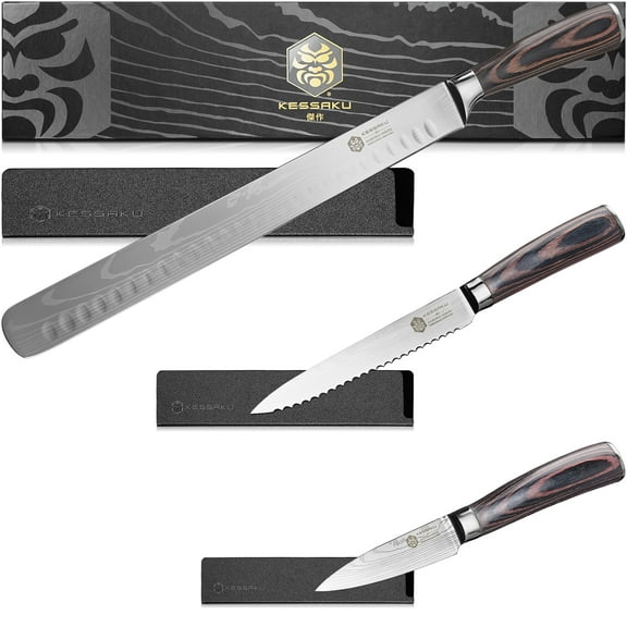 Kessaku 12-Inch Slicing Carving & 5.5-Inch Serrated Utility Knife & 3.5-Inch Paring Knife Set - Samurai Series - Forged High Carbon 7Cr17MoV Stainless Steel - Pakkawood Handle with Blade Guards