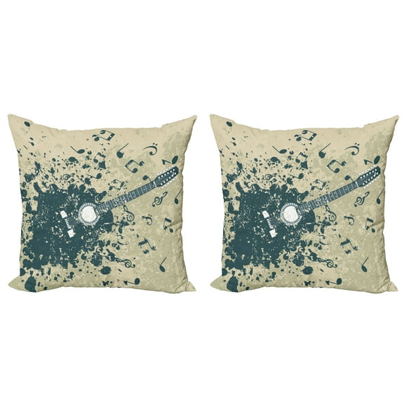 Ambesonne Music Throw Pillow Cover 2 Pack, Acoustic Guitar Notes, 20", Beige Dark Blue