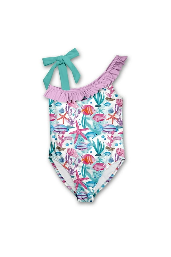Girls Turquoise Assymetrical Sea Print 1-piece Swimsuit,Toddler Girls,Size 3T,UPF 50+