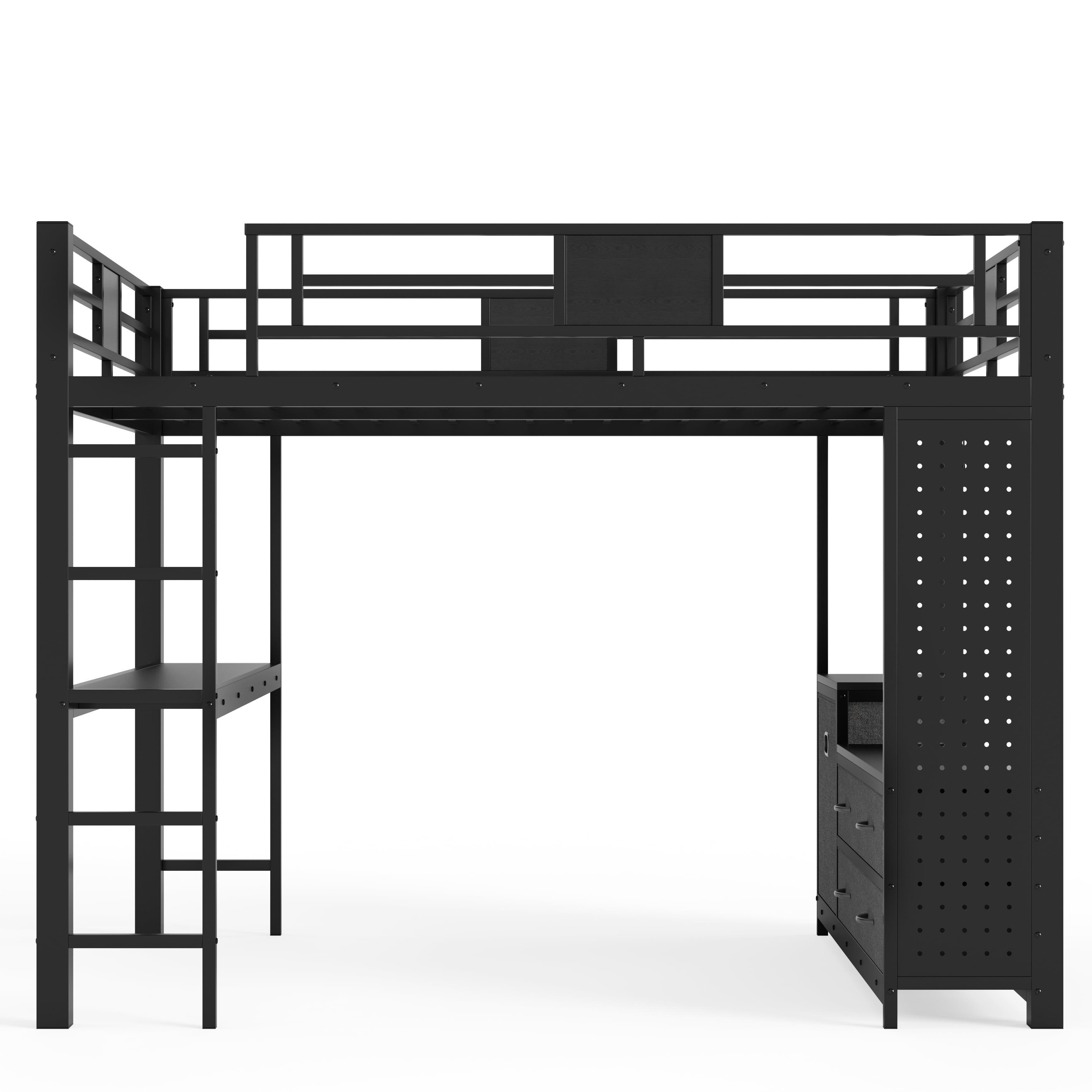 Queen Size Loft Bed with Desk & Storage Shelves, Metal Loft Bed Frame with Clothesline Pole & Pegboard, Space-Saving Adult Loft for Dorms, Apartment, Black