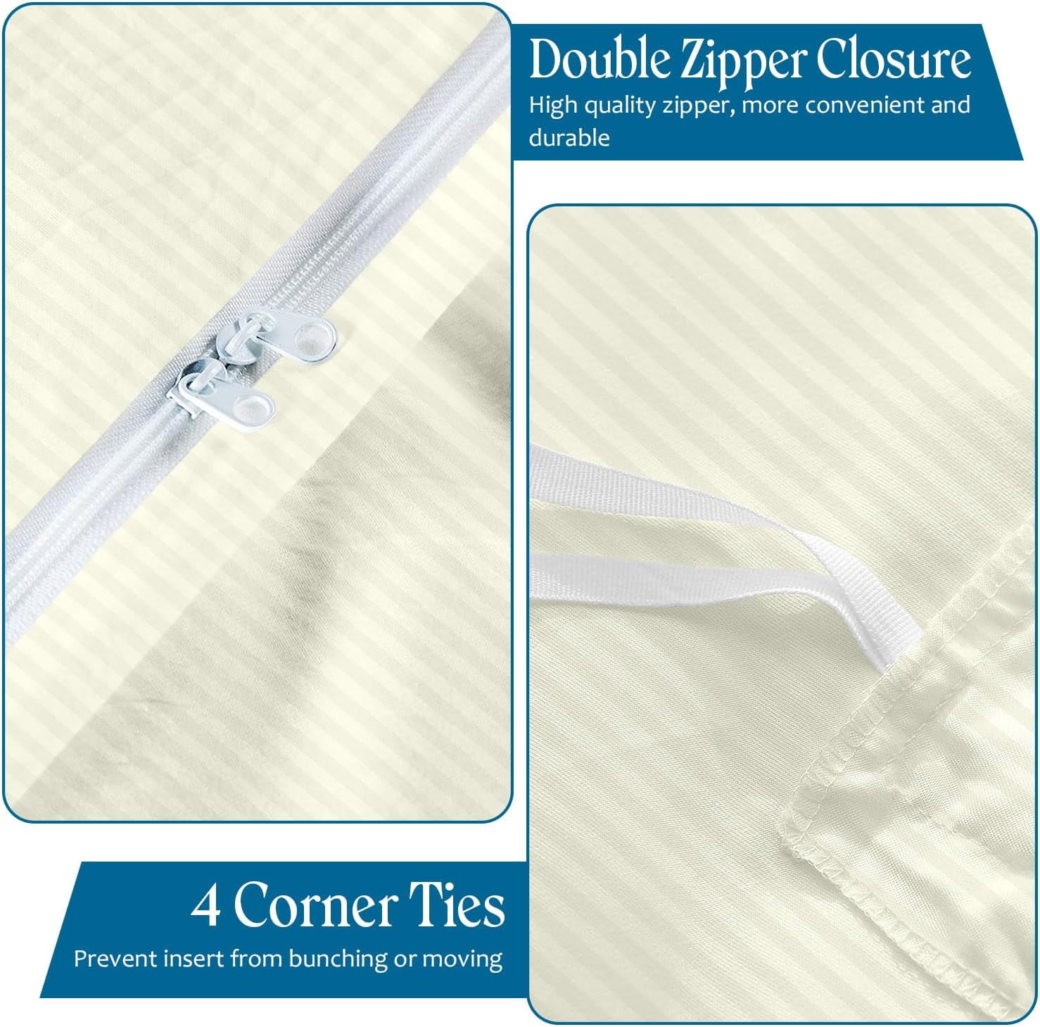 800 Thread Count Egyptian Cotton 3-Piece Duvet Cover Set with Zipper Closure - King Size ( 90" x 104" ) Inches, Ivory Stripe