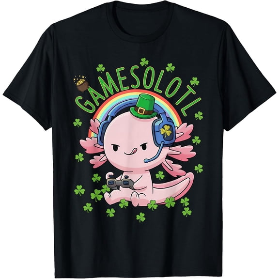 Gamesolotl Cute Axolotl Gamer Leprechaun Kawaii St Patricks Boys Girls T-Shirt, T-Shirt for Kids Youth, 180gsm, 100% Cotton