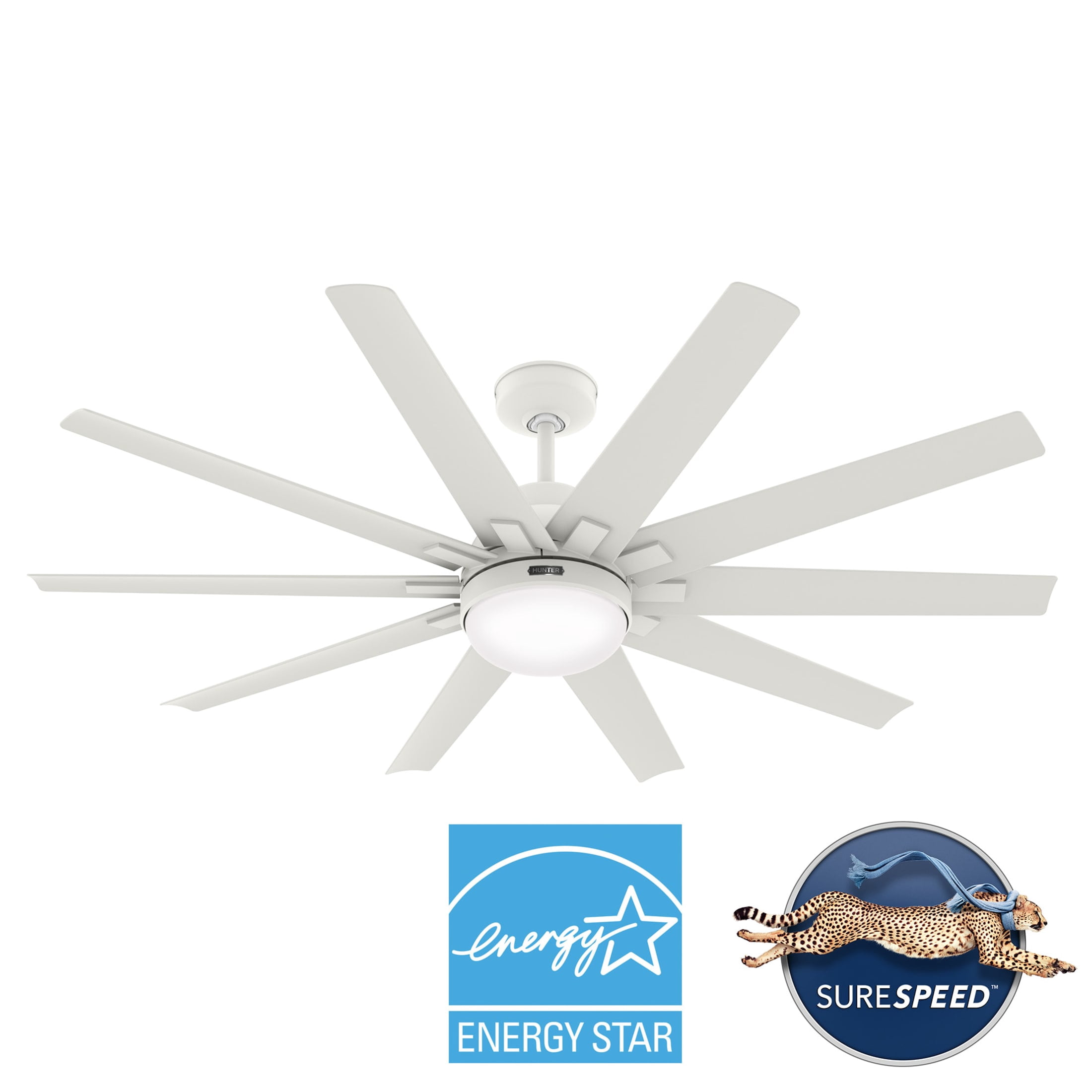 Hunter 60 inch Outdoor or Indoor Ceiling Fan with LED Light - White Ceiling Fan with Wall Control, For Patio, Garage, or Porch, Quiet, Standard Mount, 10 Blades - Overton 50720, Matte White