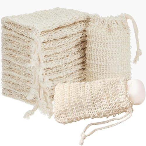50 Pack Sisal Soap Saver Bag with Drawstring,Natural Cotton-Linen Exfoliating Net Pouch for Foaming and Drying,Travel Bar Soaps Mesh Bags Soap Savers for Bath and Shower Use