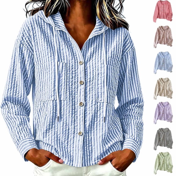 Teylalorva Women's Striped Hooded Button-Up Cardigan Long Sleeve UV Protection Casual Lightweight Denim Blouse Jacket Black Size L