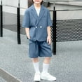 thumbnail image 2 of Zpanxa Boys Summer Outfits Kids Solid Color Short Sleeve Lapel Top Jacket Elastic Waist Shorts Mid Size Teens Suit Two-piece Set 9-10 Years, 2 of 7