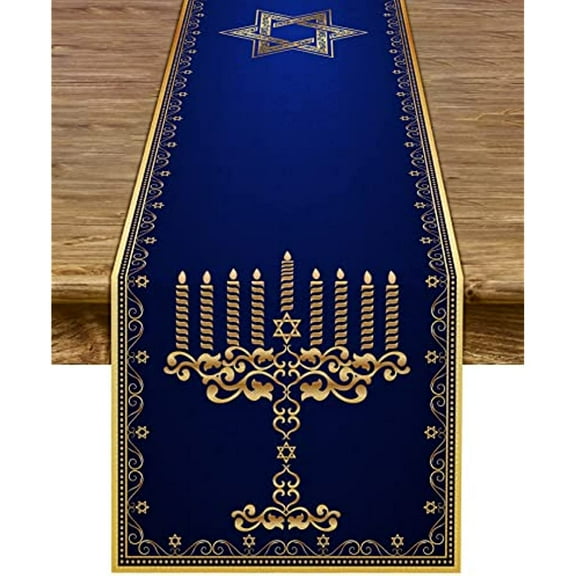 Hanukkah Menorah Linen Table Runner Star of David Chanukah Jewish Festival Holiday Fireplace Kitchen Dining Room Home Decoration