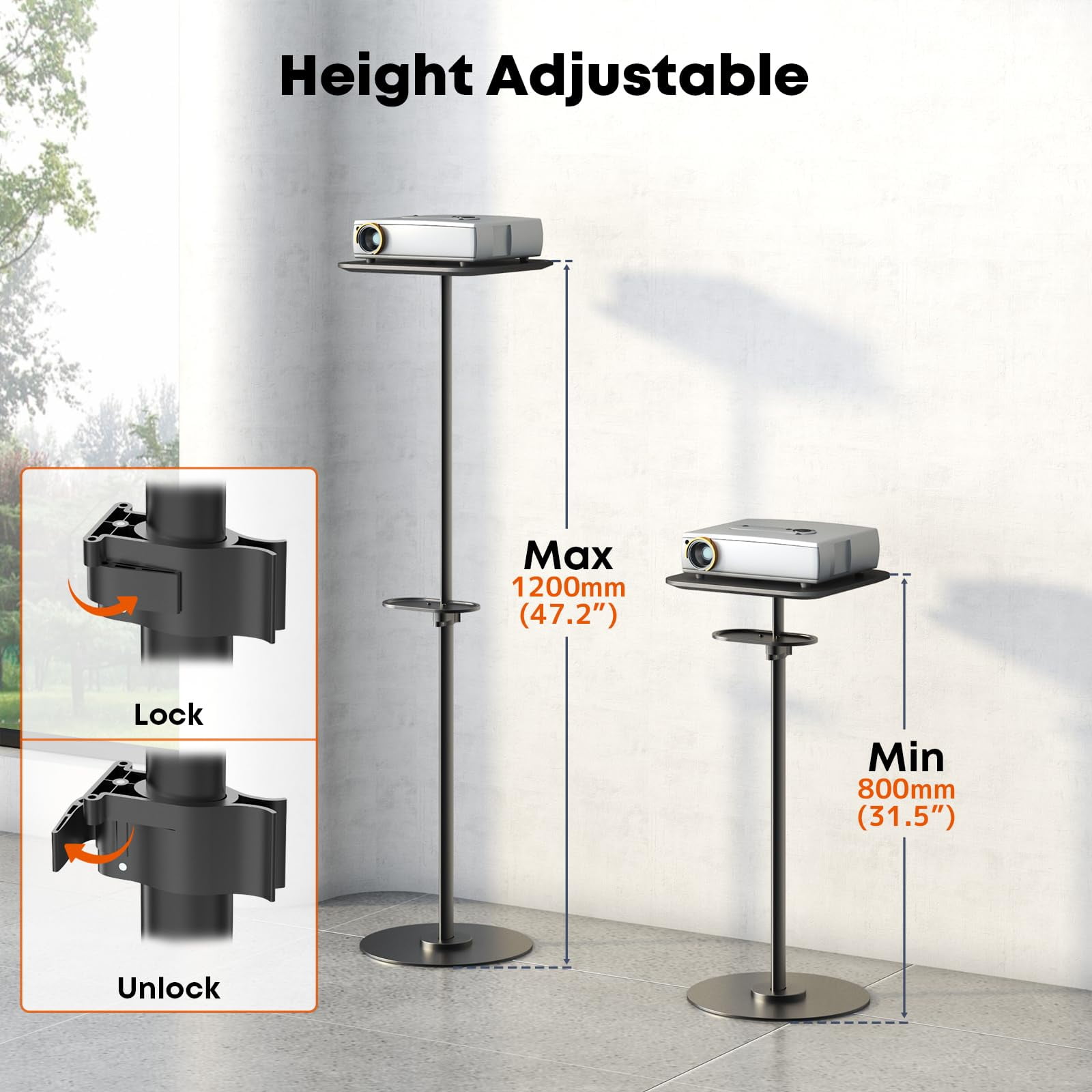 PUTORSEN Heavy-Duty Projector Stand – Height Adjustable Floor Projector Stand，Extends 27.6" to 47.2",13.2lbs Capacity, for Home, Office, and Outdoor Use