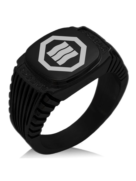 Stainless Steel Kurushima Samurai Crest CZ Ribbed Needle Stripe Pattern Biker Style Polished Ring