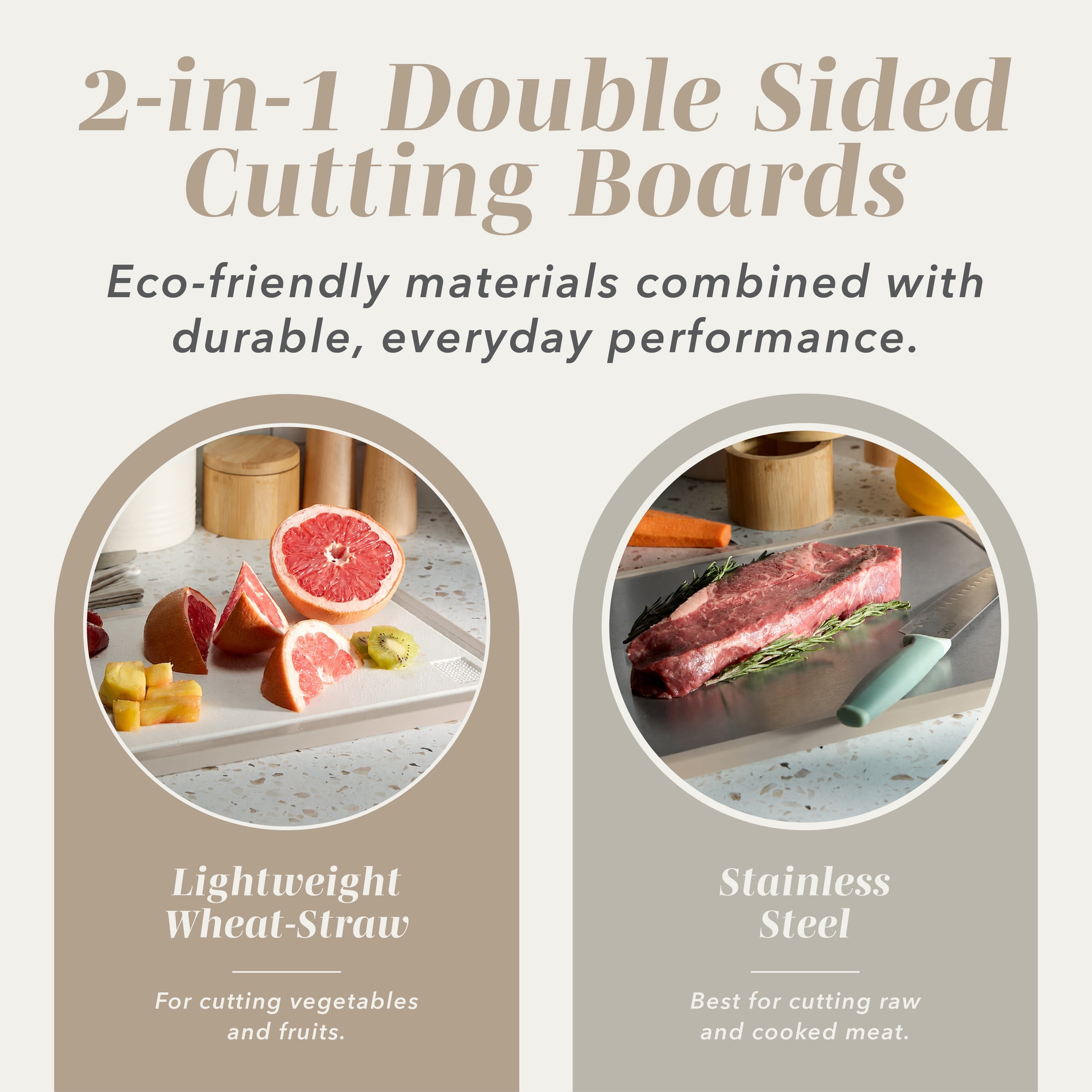 Cook with Color Dual-Sided Stainless Steel and Wheat Straw Cutting Board Cream