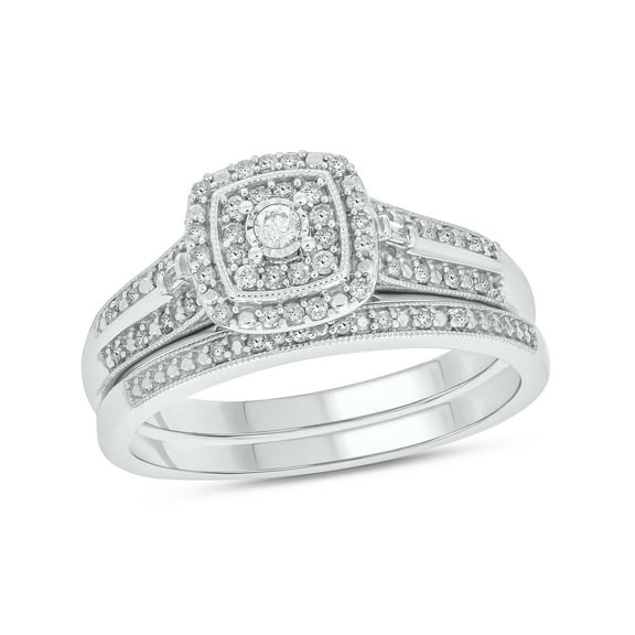 1/3cttw Diamond Square Halo Engagement Ring with Matching Diamond Wedding Band for Women in 925 Sterling Silver, Women's Silver Square Wedding Ring Set with Halo and Diamond Accented Bands