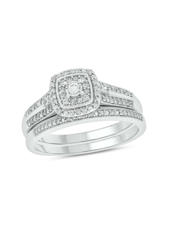 1/3cttw Diamond Square Halo Engagement Ring with Matching Diamond Wedding Band for Women in 925 Sterling Silver, Women's Silver Square Wedding Ring Set with Halo and Diamond Accented Bands