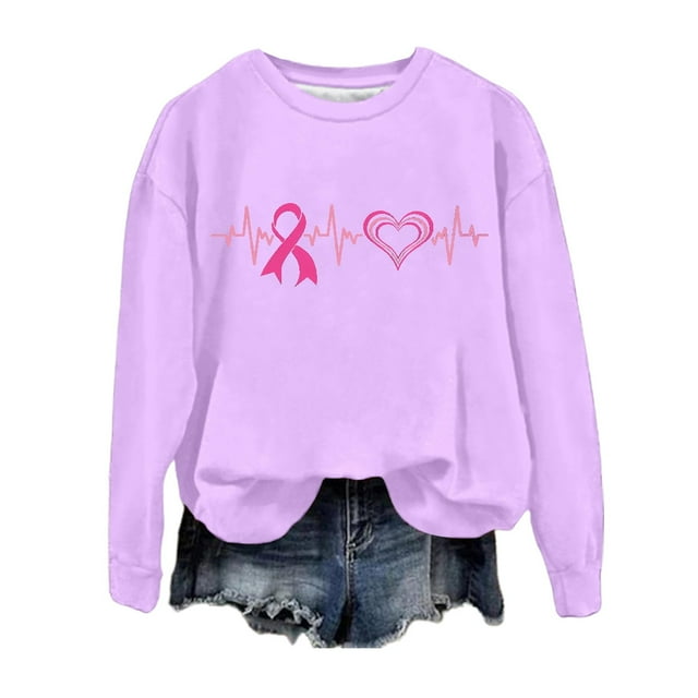 Cancer Awareness Month Graphic Print Crewneck Long Sleeve Hoodless Sweatshirt Soft Comfortable Pullover Top for Everyday Wear Size:XL