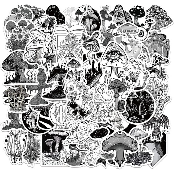 50PCS Black White Psychedelic Mushroom Stickers,Vinyl Trippy Adults Stickers for Water Bottles Laptop Scrapbooking Luggage
