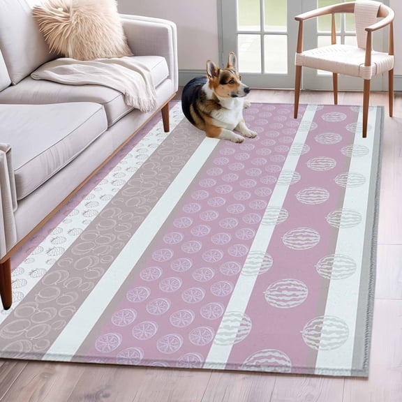 Farm Fruits Area Rugs 3'x5', Washable Small Throw Rugs for Living Room Bedroom, Watermelon Lemons Peach Pink Grey Striped Indoor Outdoor Rug Non-Slip Low Pile Carpet Runner Reversible Floor Mats