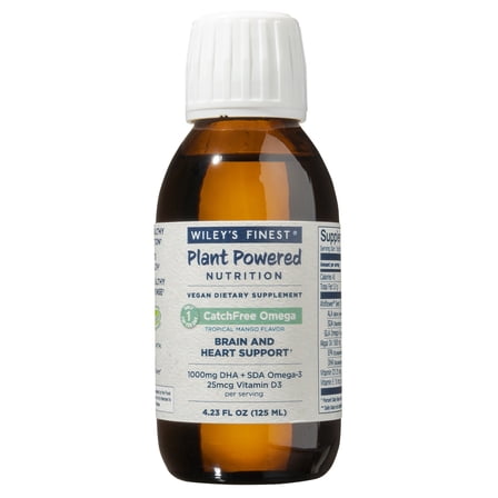 Wiley’s Finest CatchFree Omega - Vegan, Non-GMO Fish Oil Alternative - Full Spectrum Omega-3 Liquid Supplement with Organic Plant-Based Algae Oil - Tropical Mango Flavor - 4.23 Oz (25 Servings)