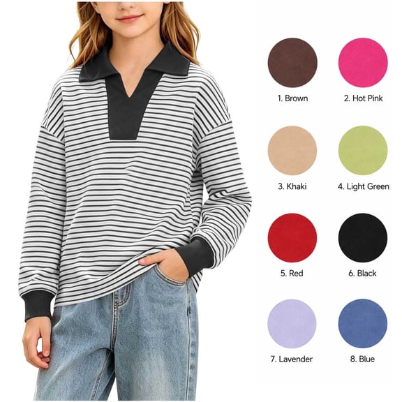 XRoczxe Girls Striped Rugby Shirt, Long Sleeve Color Block Polo Top with Contrast Collar, Casual Cotton Blend Pullover Sweatshirt for School & Play