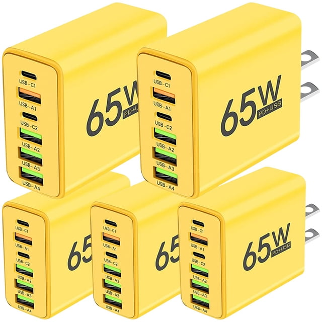 Cargador Teléfono Inteligente HotShot NexusYellow 5 Pzas 6 Puertos USB 5V 3A Max 65W 100-240V 50-80Hz Amarillo