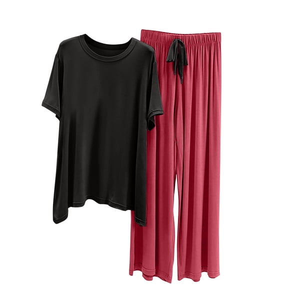 FAZVAOO Women's Pajamas 2 Piece Cotton Blend Crewneck Short Sleeve Top and Soft Pants Loungewear