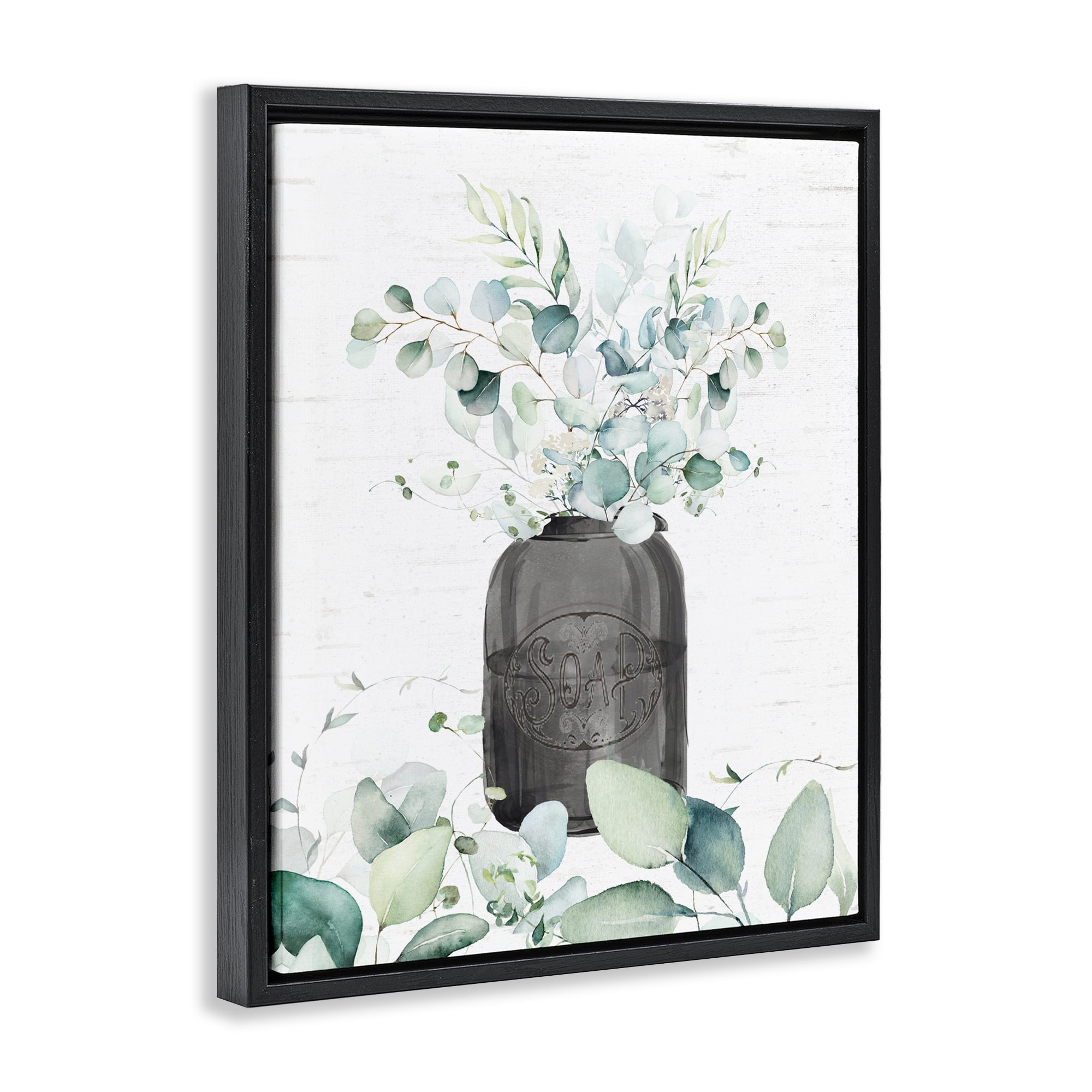 Soap Jar & Eucalyptus Black Framed Floater Canvas Wall Art, design by Lettered and Lined