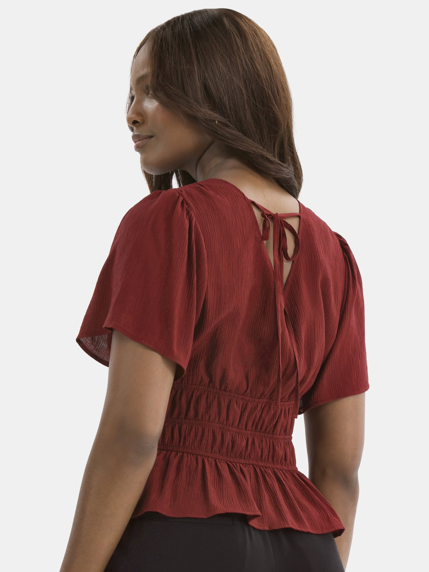 Time and Tru Women's Cinched Waist Peplum Blouse with Flutter Sleeves, Sizes XS-XXXL