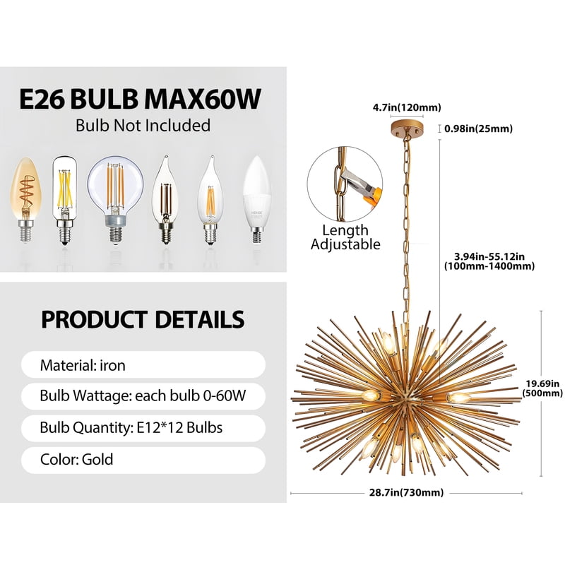 29" Mid-Century Modern 12-Light Starburst Chandelier,Gold Pendant Light Fixture for Living Room,Dining Room, or Foyer (No Bulb)