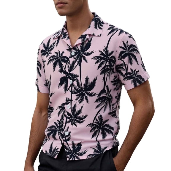FINALGANG Mens Short Sleeve Hawaiian Shirt With Coconut Tree Print Casual Button Down Collared Shirt For Summer Beach Vacation Daily Wear Pink L