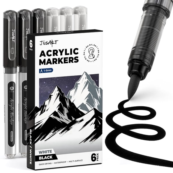 JusArt 6 Pack Black & White Paint Pens Brush Tip, Automatic Ink Control, Water-Based, No-Bleed Acrylic Markers for Drawing Arts & Crafts,Works on Canvas, Wood, Glass, Rock, Metal