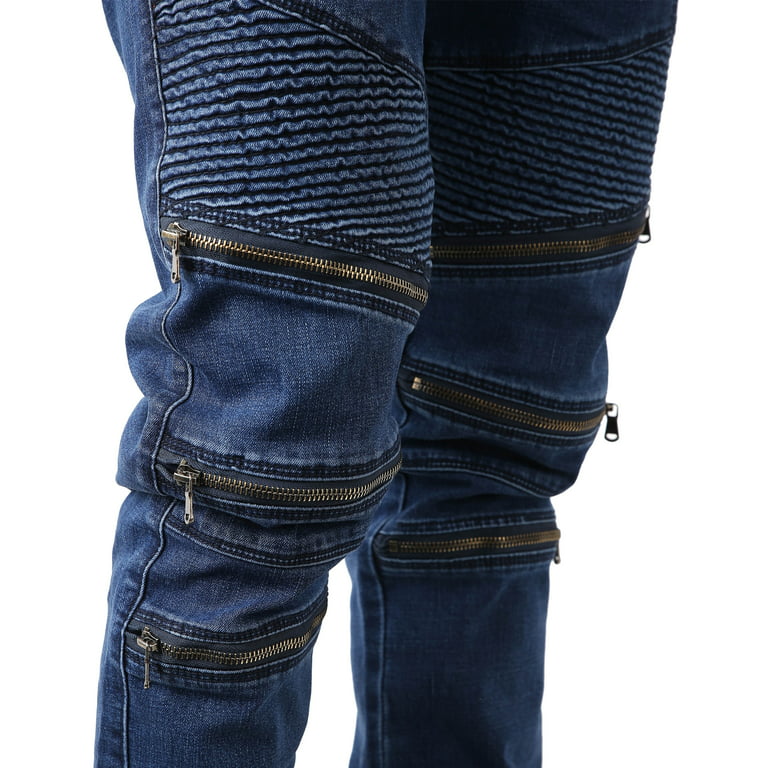 Men's Fashion Slim Fit Distressed Ripped Zipper Biker Jeans Denim - Walmart.com
