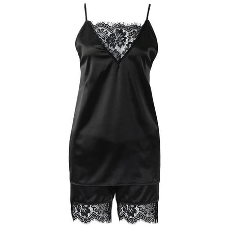 

FAIOIN Womens Ice Silk Eyelash Lace Patchwork Pajamas Set Sexy Lingerie Nightwear Solid
