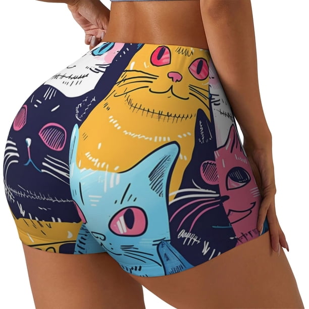 Balery Colorful Cats Pattern Art Pantalones cortos de entrenamiento estampados para mujer, sin costuras, ajustados, para gimnasio, yoga, correr, deportes, ejercicio activo, fitness.-Small