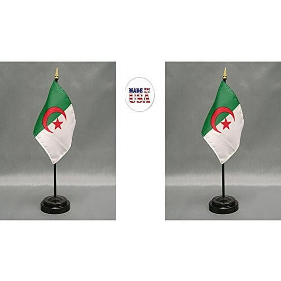 Algeria Desk Flag Set; Two 4x6 inch American Made Table Flags with Two Bases