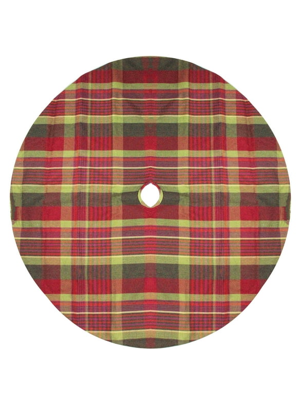 48" Red and Green Plaid Rustic Woodland Christmas Tree Skirt with Green Trim