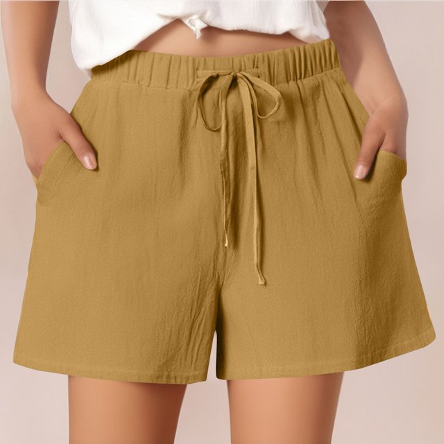 Ovticza Women's Linen Shorts Casual Flowy High Waisted Comfy Summer Basic Elastic Drawstring Boho Dressy Pockets Earthy Yellow 2XL