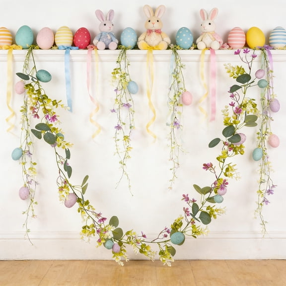 Cinvoph 6ft Easter Garland Decorations Artificial Eggs Flower Spring Decoration for Home Table Centerpiece Seasonals Wall Feastival Decor