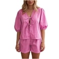 thumbnail image 2 of FNFYFH Women Y2k Peplum Top and Shorts Set Two Piece Lounge Set Pajamas Sets Puff Sleeve Tie Front Top 2pcs Summer Outfits, 2 of 10