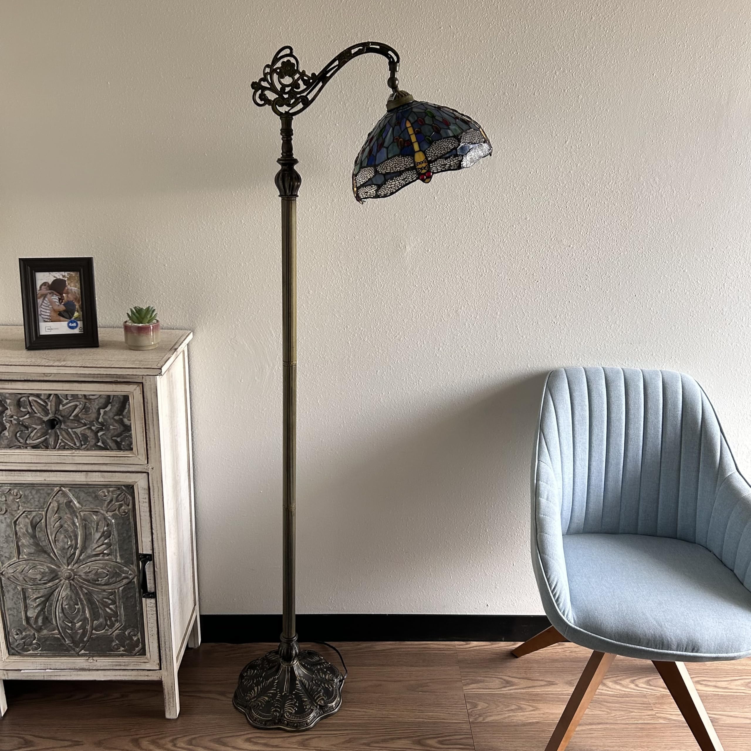 Enjoy Décor Lamps Tiffany 1-Light Dragonfly Blue Stained Glass Bowl Floor Lamp with Adjustable LED Bulb