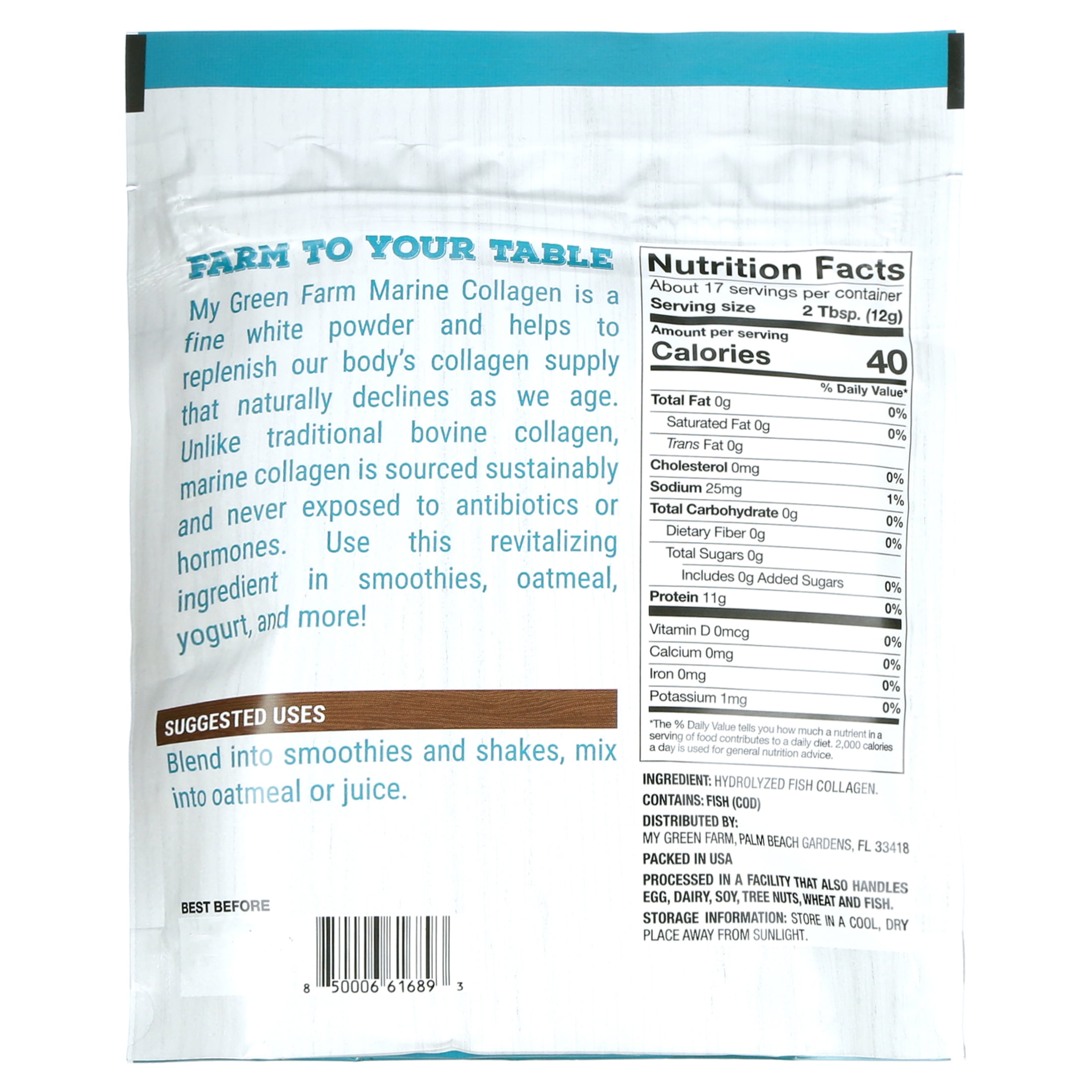 (3 pack) My Green Farm Marine Collagen Unflavored Powder Drink Mix, 7 oz (198g) – Allergen-Free, Non-GMO