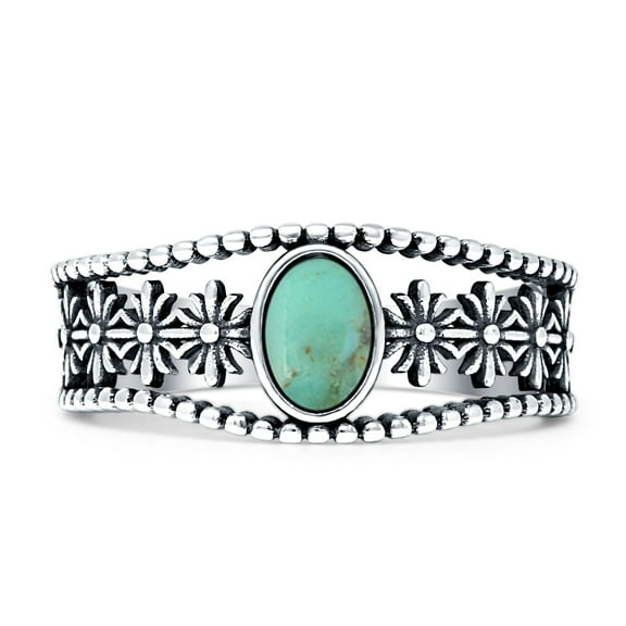 Flower Art Deco Oval Ring Turquoise Oxidized 925 Sterling Silver Size 5
