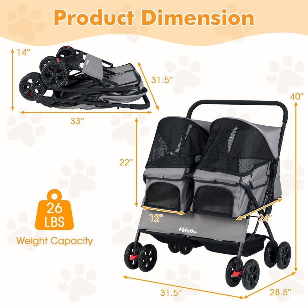 Yardi Yarda Foldable Double Pet Stroller with Adjustable Sunshade and Storage Basket, Dog Strollers, Pet Gear Stroller-Gray
