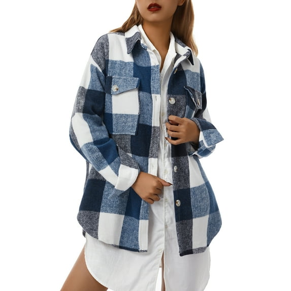 KOMOO Women Plaid Flannel Shacket Jacket Button Long Sleeve Oversized Flannel Shirts Fall Winter Plaid Jacket